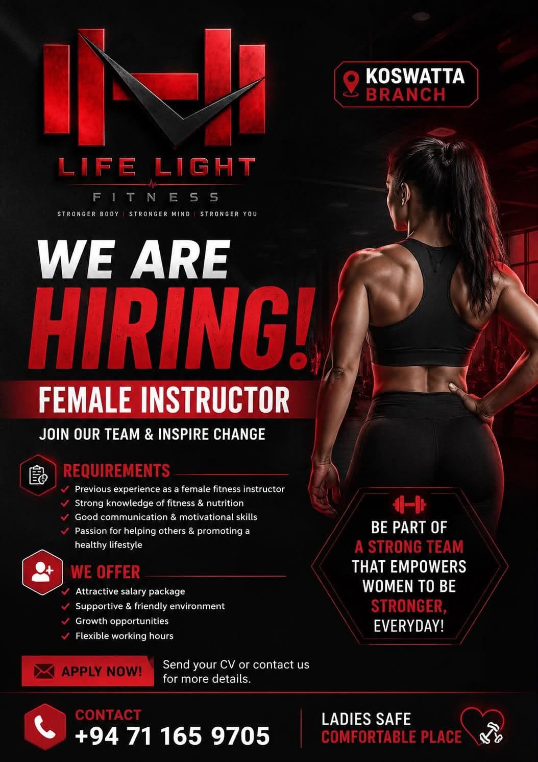 LifeLight Fitness Koswatte is hiring a female instructor — full recruitment poster